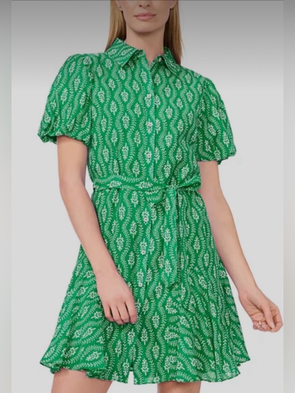 Cece NWT Green White Floral Mini Shirt Dress Tie Waist Sz XS